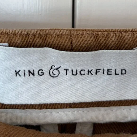 King & Tuckfield men's Tan Tab trousers 29 linen cotton toffee pleated *flaws*